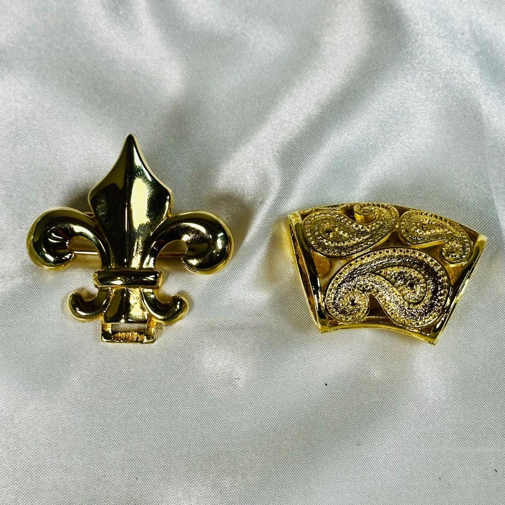 Vintage Gold Tone Scarf Clip Lot Fleur De Lis Paisley Scarf Ring Slide Set